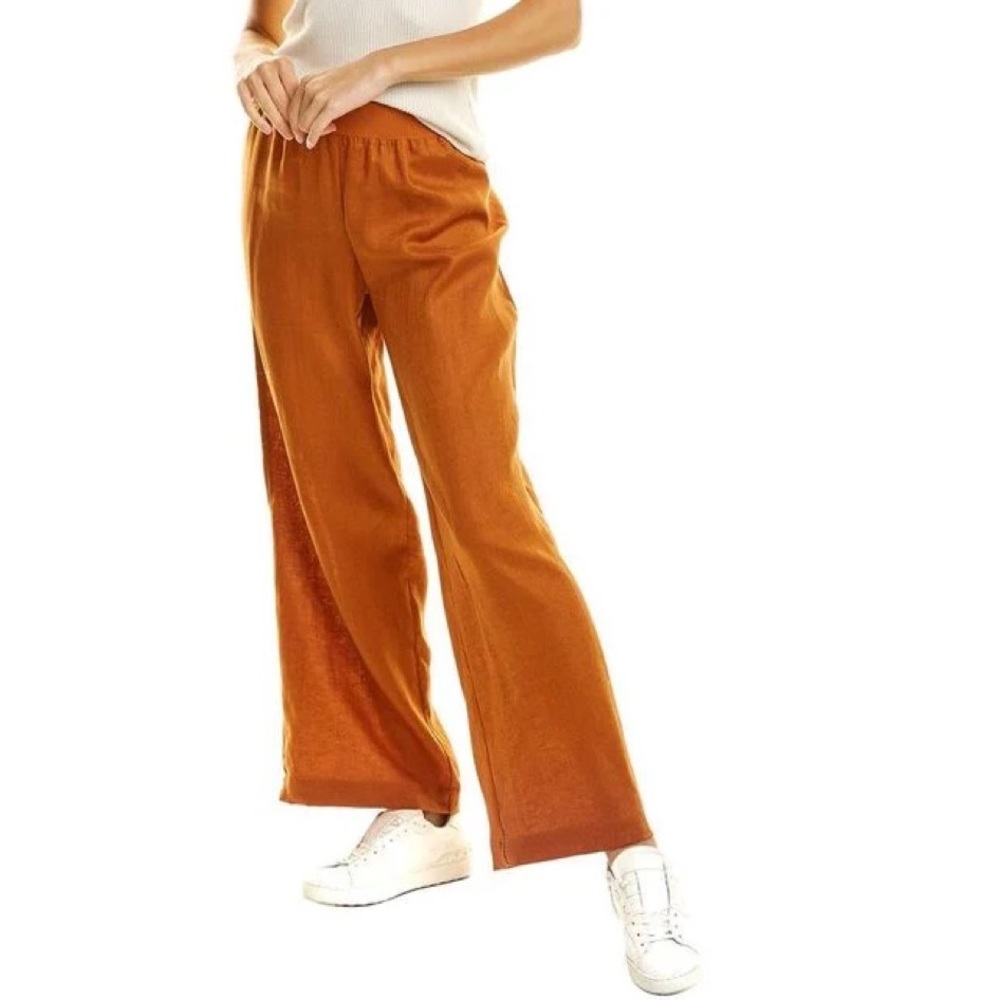 NWT Three Dots Women's Brown Wide Leg 100% Linen Pant In Color Leather Brown